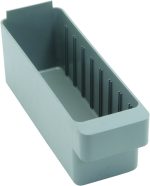 The Quantum Super Tuff Euro Drawer, a rectangular gray storage bin made in the USA from high-impact polystyrene, features a slightly raised back and vertical grooves. Measuring 11-5/8L x 2-3/4W x 4-3/8H, its ideal for organizing or holding small items securely.