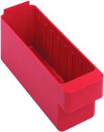 The Quantum Super Tuff Euro Drawer, a red rectangular container (11-5/8L x 2-3/4W x 4-3/8H) made of high-impact polystyrene, has a smooth outer and subtly ribbed interior. Its open-top design offers versatile storage. Made in the USA, it ensures sturdiness with vertical ribs inside.