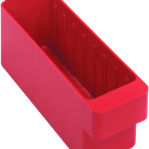 The Quantum Super Tuff Euro Drawer, a red rectangular container (11-5/8L x 2-3/4W x 4-3/8H) made of high-impact polystyrene, has a smooth outer and subtly ribbed interior. Its open-top design offers versatile storage. Made in the USA, it ensures sturdiness with vertical ribs inside.