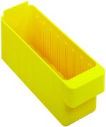 The Quantum Super Tuff Euro Drawer features a high-impact polystyrene design with a bright yellow rectangular exterior, smooth edges, inner vertical ridges, and an open top, ideal for secure item storage. Dimensions: 11-5/8L x 2-3/4W x 4-3/8H. Made in USA.