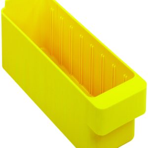 The Quantum Super Tuff Euro Drawer features a high-impact polystyrene design with a bright yellow rectangular exterior, smooth edges, inner vertical ridges, and an open top, ideal for secure item storage. Dimensions: 11-5/8L x 2-3/4W x 4-3/8H. Made in USA.