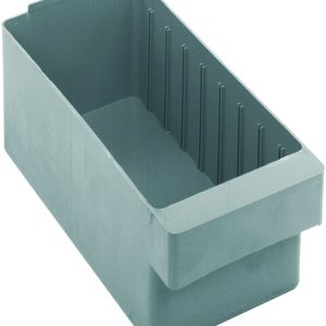 The Quantum Super Tuff Euro Drawer is a gray, rectangular storage bin made of high-impact polystyrene, measuring 11-7/8L x 5-9/16W x 4-5/8H, proudly made in the USA for reliable storage.