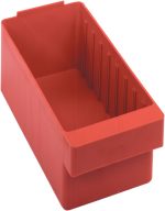 The Quantum Super Tuff Euro Drawer is a red, rectangular storage bin made of high-impact polystyrene, measuring 11-7/8L x 5-9/16W x 4-5/8H. It features an open top, ribbed interior sides, and closed bottom and is ideal for organizing small items. Made in the USA.