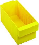 Discover the Quantum Super Tuff Euro Drawer, an 11-7/8L x 5-9/16W x 4-5/8H bright yellow storage bin made in the USA from high-impact polystyrene. Its open top, ribbed interior sides, and raised front edge are perfect for organizing small items with easy access.