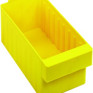 Discover the Quantum Super Tuff Euro Drawer, an 11-7/8L x 5-9/16W x 4-5/8H bright yellow storage bin made in the USA from high-impact polystyrene. Its open top, ribbed interior sides, and raised front edge are perfect for organizing small items with easy access.