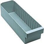 The Quantum Super Tuff Euro Drawer, measuring 17-3/4L x 5-9/16W x 4-5/8H, is a gray high-impact polystyrene rectangular storage bin with ribbed sides and an open top for easy organizing or storing various items, proudly made in the USA.