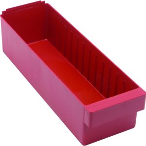 The Quantum Super Tuff Euro Drawer, measuring 17-3/4L x 5-9/16W x 4-5/8H, is a red high impact polystyrene storage bin with ridged sides for organizing small items. Made in the USA, it features smooth surfaces elegantly displayed on a white background.