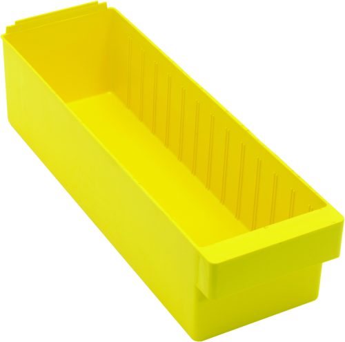 The Quantum Super Tuff Euro Drawer, made in the USA from high impact polystyrene, measures 17-3/4L x 5-9/16W x 4-5/8H. This bright yellow bin has high sides and small interior ridges, illustrating its depth and sturdy structure when angled.