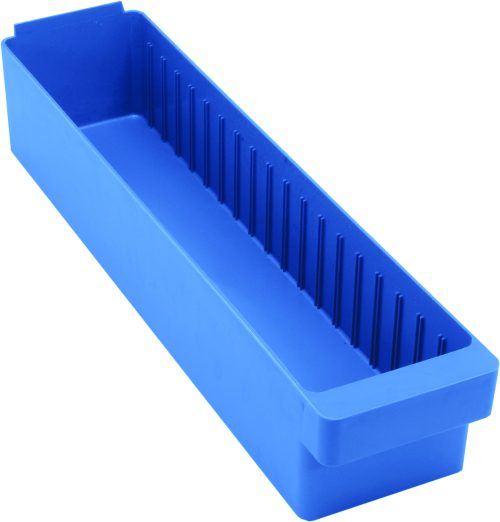 Meet the Quantum Super Tuff Euro Drawer, a 24L x 5-9/16W x 4-5/8H blue high-impact polystyrene bin. Made in the USA, it boasts ribbed inner sides for organization, smooth outer walls, and a flared top edge to stylishly declutter your space.