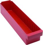 The Quantum Super Tuff Euro Drawer, made in the USA from high-impact polystyrene, features a red rectangular design with tall sides and vertical grooves. Measuring 24L x 5-9/16W x 4-5/8H, it’s ideal for small items or utensils. The angled view showcases its depth and minimalist design.