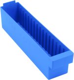 The Quantum Super Tuff Euro Drawer, made from high-impact polystyrene and measuring 17-5/8L x 3-3/4W x 4-5/8H, is a blue storage bin with vertical dividers and an open-top design, ideal for organizing small items. Made in the USA.