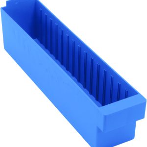 The Quantum Super Tuff Euro Drawer, made from high-impact polystyrene and measuring 17-5/8L x 3-3/4W x 4-5/8H, is a blue storage bin with vertical dividers and an open-top design, ideal for organizing small items. Made in the USA.