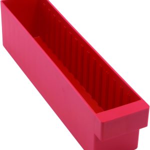 The Quantum Super Tuff Euro Drawer, measuring 17-5/8L x 3-3/4W x 4-5/8H in durable red high-impact polystyrene, is crafted for lasting performance with robust design and made in the USA.