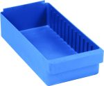 The Quantum Super Tuff Euro Drawer is a blue rectangular plastic storage bin, made in the USA from high-impact polystyrene, featuring ribbed sides for organizing small items and measuring 17-5/8L x 8-3/8W x 4-5/8H, ideal for keeping your space tidy.