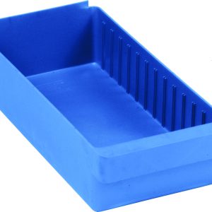 The Quantum Super Tuff Euro Drawer is a blue rectangular plastic storage bin, made in the USA from high-impact polystyrene, featuring ribbed sides for organizing small items and measuring 17-5/8L x 8-3/8W x 4-5/8H, ideal for keeping your space tidy.