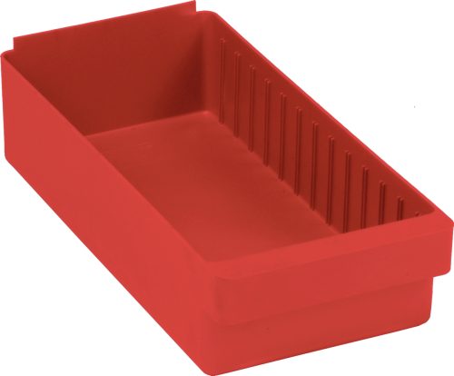 The Quantum Super Tuff Euro Drawer, measuring 17-5/8L x 8-3/8W x 4-5/8H, is a red storage bin made from high-impact polystyrene. It features a rectangular shape with ribbed sides and a slightly raised back section, perfect for organizing small items efficiently. Made in the USA.