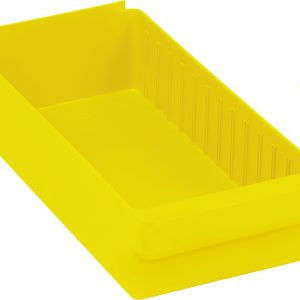 The Quantum Super Tuff Euro Drawer is a yellow rectangular storage bin made of high impact polystyrene, measuring 17-5/8L x 8-3/8W x 4-5/8H, featuring smooth sides and vertical grooves with one end slightly taller for a small lip effect against any white background. Made in the USA.