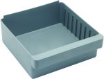 The Quantum Super Tuff Euro Drawer, measuring 11-7/8L x 11-1/8W x 4-5/8H, is a square-shaped, large gray bin made in the USA from high-impact polystyrene, featuring straight sides, integral ridges on the right, and a slightly raised back edge.