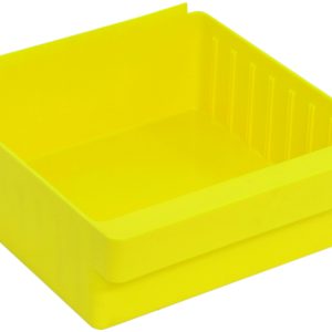 The Quantum Super Tuff Euro Drawer is a yellow, rectangular storage bin crafted from high-impact polystyrene with ribbed sides. Measuring 11-7/8L x 11-1/8W x 4-5/8H, it is stackable and ideal for organizing small items. Its smooth surface reflects light slightly and features a Made in USA label.