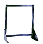 The Quantum Tip Out Bin Floor Stand is a single-sided rack made from 14 gauge steel with a black coated finish, featuring a rectangular frame and angled support base. Ideal for electronic components, it measures 1D x 23-5/8W x 28H and comes without bins. The background is plain white.