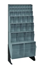 The Quantum Tip Out Bin Floor Stand measures 10D x 23-5/8W x 52H with a black coated finish, includes bins QTB302, QTB303, QTB304, QTB305, QTB306 and two QTB309. The stands sleek design features multiple clear bins in increasing for organizing small items efficiently.