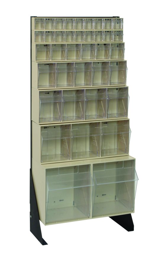 The Quantum Tip Out Bin Floor Stand is a single-sided unit measuring 10D x 23-5/8W x 52H. It includes models QTB302, QTB303, QTB304, QTB305, QTB306, and two ivory QTB309 bins. Made with 14-gauge steel and finished in black, it elegantly displays transparent compartments for small item organization against a plain white background.