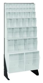 The Quantum Tip Out Bin Floor Stand features a single-sided display with multiple clear bins in varied across five rows. Designed for efficient storage, it includes models (1) QTB302, (1) QTB303, (1) QTB304, (1) QTB305, (1) QTB306, and (2) QTB309 on a white frame with black coated 14-gauge steel supports.