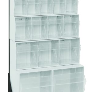 The Quantum Tip Out Bin Floor Stand features a single-sided display with multiple clear bins in varied sizes across five rows. Designed for efficient storage, it includes models (1) QTB302, (1) QTB303, (1) QTB304, (1) QTB305, (1) QTB306, and (2) QTB309 on a white frame with black coated 14-gauge steel supports.