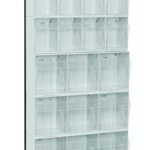 The Quantum Tip Out Bin Floor Stand is a tall, single-sided storage rack measuring 10D x 23-5/8W x 75H. It includes multiple open-front transparent bins for organizing small items, featuring (4) QTB303 bins among others, with a sturdy black-coated 14-gauge steel finish.