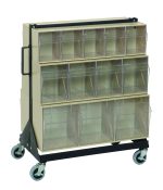 The beige Quantum Tip Out Bin Floor Stand is double-sided and mobile, featuring two QTB303 bins among others. It measures 20-1/4D x 23-5/8W x 31H, has a load capacity of 500 lbs, includes a caster kit for mobility, and comes with a black side handle.