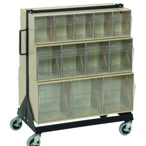 The beige Quantum Tip Out Bin Floor Stand is double-sided and mobile, featuring two QTB303 bins among others. It measures 20-1/4D x 23-5/8W x 31H, has a load capacity of 500 lbs, includes a caster kit for mobility, and comes with a black side handle.