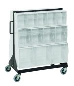 Introducing the Quantum Tip Out Bin Floor Stand, double-sided and mobile, measuring 20-1/4D x 23-5/8W x 31H. It features transparent bins in three rows, a black handle, four wheels for easy maneuvering, a robust black-coated frame with a 500 lbs load capacity. Includes Qtb303/Qtb304/Qtb305 white bins and caster kit.