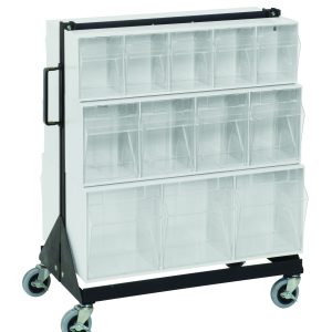 Introducing the Quantum Tip Out Bin Floor Stand, double-sided and mobile, measuring 20-1/4D x 23-5/8W x 31H. It features transparent bins in three rows, a black handle, four wheels for easy maneuvering, a robust black-coated frame with a 500 lbs load capacity. Includes Qtb303/Qtb304/Qtb305 white bins and caster kit.