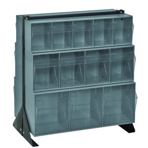 The Quantum Tip Out Bin Floor Stand, measuring 20-1/4D x 23-5/8W x 28H, includes (2) QTB303, (2) QTB304, and (2) QTB305 gray bins across three rows. Supported by durable 14 gauge steel with a black coated finish, it offers clear plastic bins for organizing items efficiently.