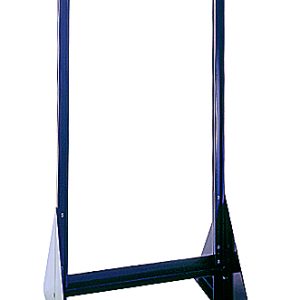 The Quantum Tip Out Bin Floor Stand is a double-sided, black-coated 14 gauge steel frame with bolt holes for mounting, designed for electronic or networking equipment. Dimensions are 1D x 23-5/8W x 52H. Note: Bins not included.