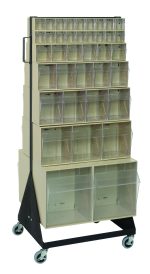 The Quantum Tip Out Bin Floor Stand is a double-sided, mobile organizer with a black finish and caster kit. It measures 20-1/4D x 23-5/8W x 55H, includes various ivory bins, and has a load capacity of 500 lbs, ideal for organizing small to medium-sized items.