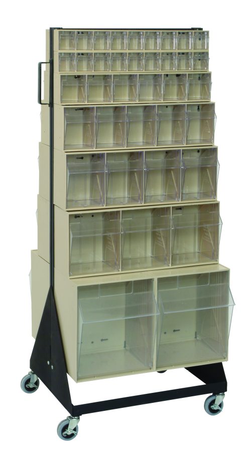 QFS248-76QFS400_IV.jpg The Quantum Tip Out Bin Floor Stand is a double-sided, mobile organizer with a black finish and caster kit. It measures 20-1/4D x 23-5/8W x 55H, includes various ivory bins, and has a load capacity of 500 lbs, ideal for organizing small to medium-sized items.