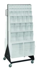 The Quantum Tip Out Bin Floor Stand is a double-sided, mobile unit measuring 20-1/4D x 23-5/8W x 55H. It includes varying sizes of white plastic bins (Qtb302 to Qtb309) arranged from small to large, has a robust 500 lbs load capacity, features a caster kit for easy maneuvering, and boasts a black-coated 14-gauge steel finish.