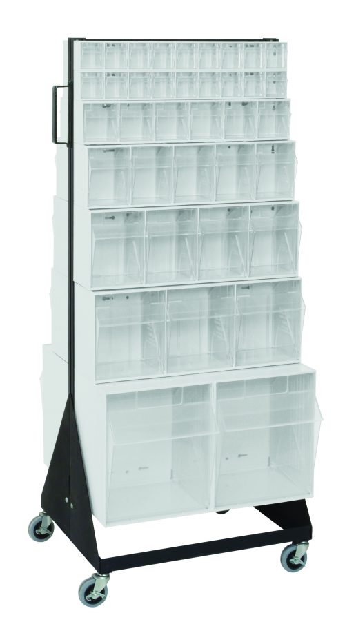 The Quantum Tip Out Bin Floor Stand is a double-sided, mobile unit measuring 20-1/4D x 23-5/8W x 55H. It includes varying sizes of white plastic bins (Qtb302 to Qtb309) arranged from small to large, has a robust 500 lbs load capacity, features a caster kit for easy maneuvering, and boasts a black-coated 14-gauge steel finish.