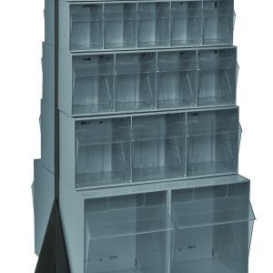 The Quantum Tip Out Bin Floor Stand offers convenient storage with its double-sided design and multi-tiered structure. It features a sturdy 14-gauge steel frame, measuring 20-1/4D x 23-5/8W x 52H, with (2) QTB303 clear bins for easy access and visibility of small items.