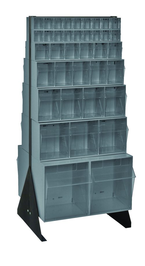 The Quantum Tip Out Bin Floor Stand offers convenient storage with its double-sided design and multi-tiered structure. It features a sturdy 14-gauge steel frame, measuring 20-1/4D x 23-5/8W x 52H, with (2) QTB303 clear bins for easy access and visibility of small items.