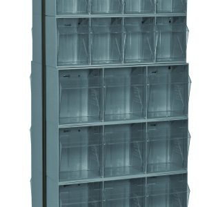The Quantum Tip Out Bin Floor Stand offers a mobile, double-sided storage solution with (8) QTB303 bins and others, stacked in rows. This black-coated, 14-gauge steel structure has a 500 lbs. load capacity and four caster wheels for easy maneuverability—20-1/4D x 23-5/8W x 78H.