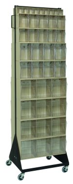 The Quantum Tip Out Bin Floor Stand is a double-sided, mobile organizer with dimensions of 20-1/4D x 23-5/8W x 78H. It features (8) QTB303, (4) QTB304, (4) QTB305, and (2) QTB306 ivory bins in a black-coated 14-gauge steel frame, supporting up to 500 lbs.