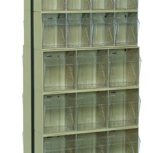 The Quantum Tip Out Bin Floor Stand is a double-sided, mobile organizer with dimensions of 20-1/4D x 23-5/8W x 78H. It features (8) QTB303, (4) QTB304, (4) QTB305, and (2) QTB306 ivory bins in a black-coated 14-gauge steel frame, supporting up to 500 lbs.