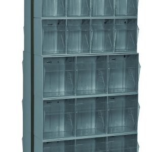 The Quantum Tip Out Bin Floor Stand features a 14-gauge steel black-coated frame, includes (8) QTB303, (4) QTB304, (4) QTB305, and (2) QTB306 gray bins. This double-sided stand measures 20-1/4D x 23-5/8W x 75H and is perfect for versatile small item storage.