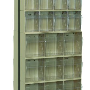 The Quantum Tip Out Bin Floor Stand features a double-sided design with eight QTB303, four QTB304, four QTB305, and two QTB306 ivory bins. Measuring 20-1/4D x 23-5/8W x 75H, its built from black-coated 14-gauge steel with a sturdy base for small item storage.