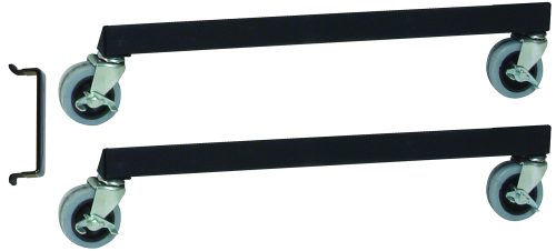 Two black metal bars, each with swivel caster wheels with gray tires, are parallel; they include four casters and one handle. A small separate bracket is on the left side for use in any double-sided system like the Quantum Tip Out Bin Floor Stand Mobile Kit.