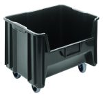The Quantum Mobile Container measures 15-1/4 x 19-7/8 x 15-7/16 and is made from injection molded high-density polypropylene. It has six 1/4 drill holes for drainage, an open top with ribbed edges, and includes four 3 polyurethane swivel casters. Color: black; Made in USA.
