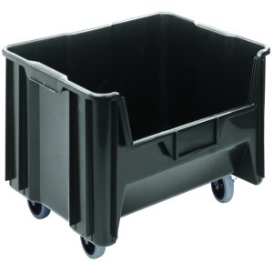 The Quantum Mobile Container measures 15-1/4 x 19-7/8 x 15-7/16 and is made from injection molded high-density polypropylene. It has six 1/4 drill holes for drainage, an open top with ribbed edges, and includes four 3 polyurethane swivel casters. Color: black; Made in USA.
