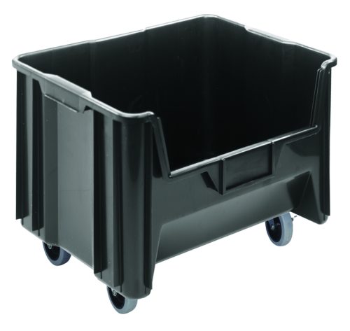 QGH705MOB_BK.jpg The Quantum Mobile Container measures 15-1/4 x 19-7/8 x 15-7/16 and is made from injection molded high-density polypropylene. It has six 1/4 drill holes for drainage, an open top with ribbed edges, and includes four 3 polyurethane swivel casters. Color: black; Made in USA.